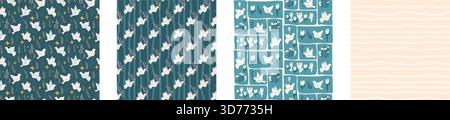 Seamless patterns collection of Dove of peace. Folk birds and olive motif background set. Pigeons repeat background. Vector hand drawn doves prints. A Stock Vector