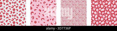 Girly camouflage seamless patterns. Monochrome animal print collection. Leopard spotty backgrounds set. Vector seamless bg. Camo pink red colours anim Stock Vector