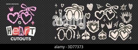 Heart in a fire, pair locket paper cutout stickers. Charcoal doodle cherry, crown, star, and bow coquette, asterisk doodle collage elements for Valent Stock Vector