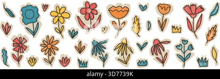 Hand drawn crayon flowers cut outs. Garden plants cutout set. Kids pieces of paper collage grass and wildflower shapes. Vector scrapbook naive sticker Stock Vector