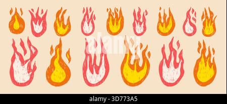 Crayon drawn fire with grunge texture. Kids scribble brush flame icons in vibrant colors. Bonfire stickers for collage projects. Vector naive pencil p Stock Vector