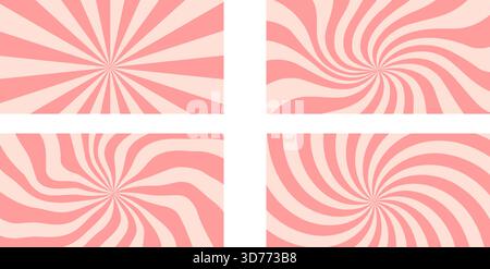 Pink candy pinwheels wallpaper set. Cream texture starburst backgrounds. Retro spiral sun rays backdrop. Abstract girly illustration. Vector wavy dyna Stock Vector