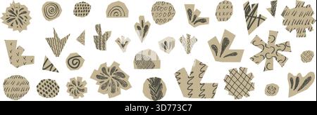Firework and abstract paper cutouts with crayon texture set. Geometric irregular collage shapes doodle. Handcrafted elements modern paper craft design Stock Vector