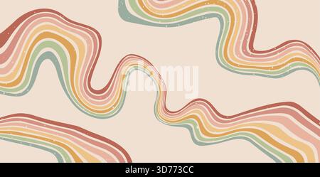Retro groovy liquid lines background. 70s wave path abstract pattern faded noisy wallpaper. Vector wide vintage stripes design. Pop art backdrop. Funk Stock Vector