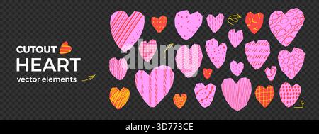 Scribble hearts paper cutout collage. Red and pink vivid zine pieces for love and scrapbook design. Torn hearts stickers isolated. Cut icon irregular Stock Vector