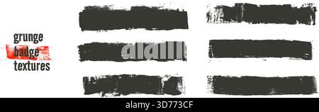 Grunge badges textures. Straight black wide lines. Calligraphy brush strokes with rough edges. Vector thick printmaking streaks. Bold grunge long desi Stock Vector