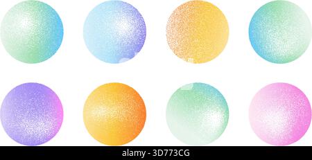 Grain iridescent noise vintage round forms set. Grunge dotwork gradient circles. Orange, green, purple geometric shapes of dots texture. Circular sand Stock Vector