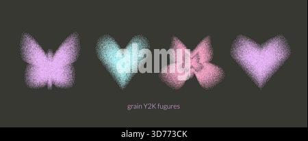 Colorful simple butterfly shapes with grain noise gradient set. Y2k retro stippling forms set. Hearts, butterfly icons isolated on black background. V Stock Vector