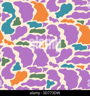 Bright seamless pattern with colorful blobs resembling cowhide spots. Freeform mini shapes, uneven amoeba-like patches repeat across beige background. Stock Vector