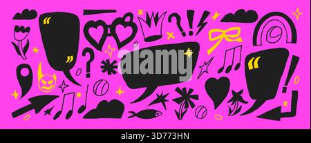 Punk speech bubbles and crayon quote frames with a girly touch. Hand drawn clouds, hearts, and tiny marks for vivid notes or love messages. Naive dood Stock Vector