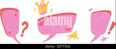 Kids speech bubbles with punctuation marks. Hand drawn girly crayon text boxes frames set with crown. Chalk crayon promo callout textured shapes. Vect Stock Vector