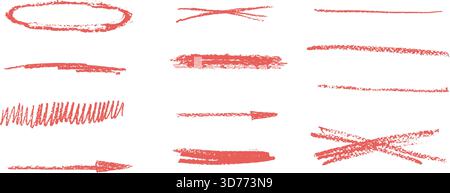 Hand drawn red scribble text highlights. Underline crayon handwritten set. Grange scrawl textured straight stripes, highlight, emphasis element. Penci Stock Vector