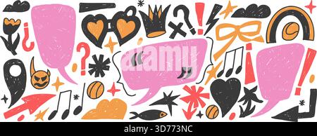 Crayon funky doodles collage cutouts set for playful design. Speech bubbles with music note, crown, hearts for fun messages. Callouts text boxes inver Stock Vector