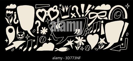 Chalk doodles collage cutouts elements set. Speech bubbles with music note, crown, hearts. Callouts text boxes with inverted Spanish punctuation mark. Stock Vector