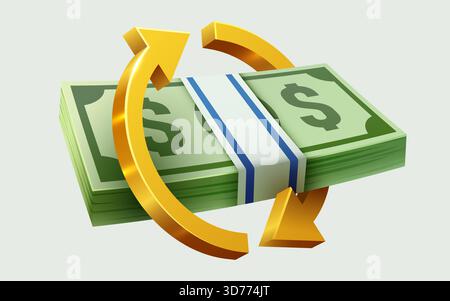 Pack of green paper currency with arrows. Cashback or moneyback concept. 3D render stack of dollar US. Money dollar banknote in cartoon style isolated. Vector illustration Stock Vector