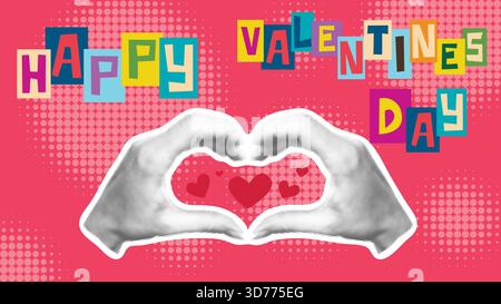 Happy Valentine s Day modern banner in halftone style. Hands make heart sign. Cutout letters create congratulatory text. Vector graphic Stock Vector