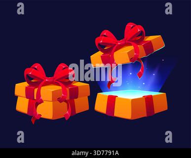Cartoon open Christmas magic gift surprise box, glowing game present with two yellow boxes and red ribbon bows. One open box with flying lid and blue Stock Vector