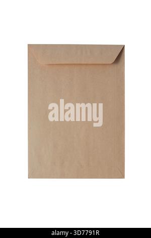 Clean, new vertical brown kraft envelope isolated on white background, perfect for mailing, stationery, and packaging concepts. Stock Photo