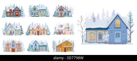 Christmas winter buildings facade exterior. Cozy houses with snowy roofs, pine trees, festive garlands and frosted windows, covered in snow, surrounde Stock Vector