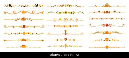 Thanksgiving frame dividers, autumn harvest holiday border lines decorated with vector autumn harvest pumpkins, acorns, sunflowers and maple leaves. T Stock Vector