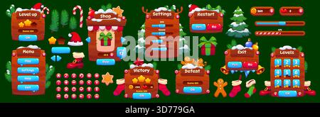 Winter Christmas game interface with vector user panels, buttons and sliders. Cartoon menu frame and shop settings, level selection and restart screen Stock Vector
