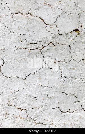 Close-up view of a cracked white painted straw wall texture Stock Photo