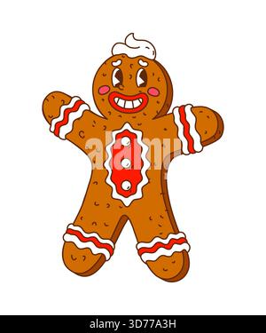 Funky gingerbread man cookie character with funny comic face. Christmas treat with white icing and strawberry jam. Groovy vector sweet personage for w Stock Vector