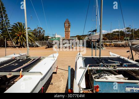 The striking Clock Tower Esperance, region of Western Australia, on the Southern Ocean coastline. Building, design, planning, construction, style, bold Stock Photo