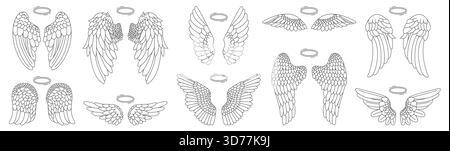 Hand drawn angel wings doodle set with halos, featuring various feathered wing outlines in linear style for creative design, tattoo, or decoration concepts, isolated vector illustration Stock Vector