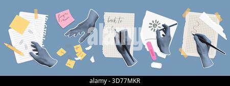 Multiple halftone hands holding pens and writing on various paper sheets, surrounded by stationery items, creative workspace concept, blue background vector illustration Stock Vector