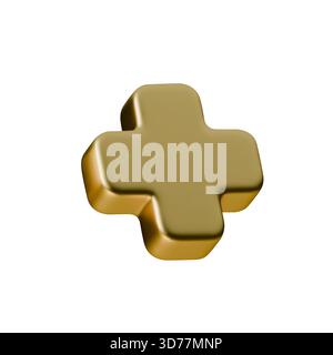 3D gold plus icon with smooth metallic texture. Glossy golden cross symbol isolated on white background, clean medical and UI element with a polished Stock Vector