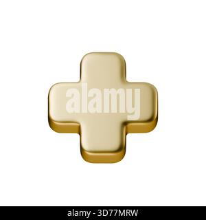 Golden 3D cross with soft highlights and metallic sheen. Minimal plus icon on white background, simple medical, interface and decorative element with Stock Vector