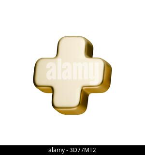 3D gold cross icon with smooth metallic texture. Golden plus symbol shines on clean white background, creating simple medical and UI element with Stock Vector
