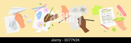 Diverse hands and feet sketching, drawing, and writing on paper with pens, pencils, and markers, surrounded by stationery on a yellow background vector illustration Stock Vector