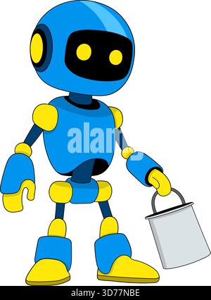 A friendly cartoon style household assistant robot colored in blue and yellow, holding a bucket as if helping with chores Stock Vector