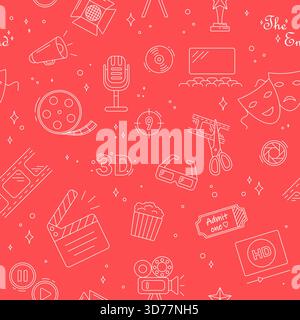 Seamless pattern featuring movie theater, cinema, and film-related doodle icons including popcorn, tickets, clapperboard, and masks on a red background vector illustration Stock Vector