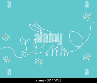 Rabbit jump on the lawn with daisy and Easter Egg in grass One Continuous line Design White on Blue. Isolated Vector illustration Easter Holiday or Spring Thematic Cards Banner, leaflets, labels, post Stock Vector