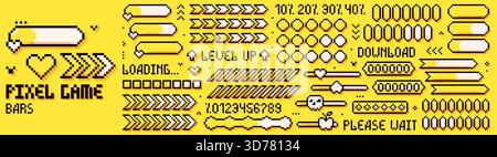 Pixel game bars. 8 bit loading lines in different shapes on yellow background. Stock Vector