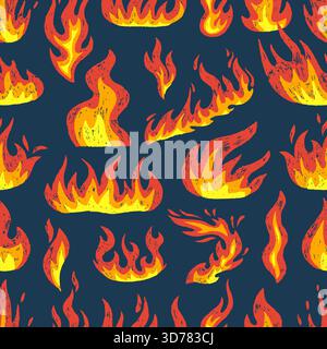Crayon fire seamless pattern. Campfires, flames burning colored pencil drawing elements. Hand drawn print for fabric, wallpaper, web design, neoteric Stock Vector