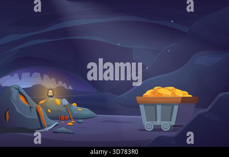 Cartoon mining background. Mine in mountain, miners tools, cart with golden bars and stones. Stone cave with gems, dynamite, shovel, sapid vector Stock Vector