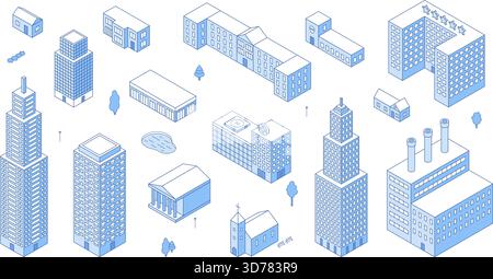 Isometric line city buildings. Urban infrastructure, apartment building, house, hotel, hospital, skyscraper. Elements for app map, town design, nifty Stock Vector