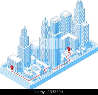 Isometric city mobile gps navigation. Virtual modern district on smartphone screen. Tracking app template for delivery, logistic, drivers, nifty Stock Vector