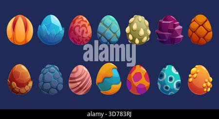 Fantasy dragon eggs. Cartoon neon egg from dinosaur, aliens or mystic creatures. Dame design assets. Magical and mythological elements, sapid vector Stock Vector