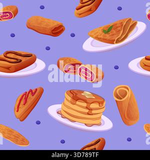Pancakes. seamless pattern with tasty pancakes on plates. vector background original artwork Stock Vector