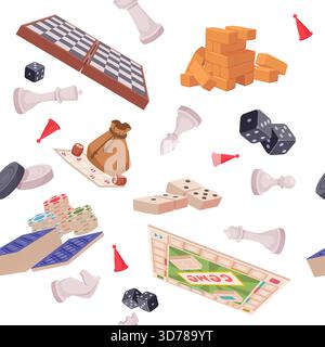 Board game. seamless pattern with board games tools cards domino chess original artwork Stock Vector