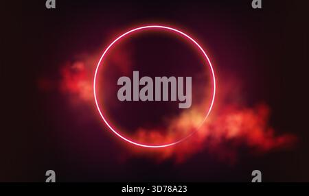 Vector Illustration Neon Circle Background, Red Smoke and Clouds, Futuristic Night Mood, Abstract Glow Scene for Modern Tech Art Stock Vector