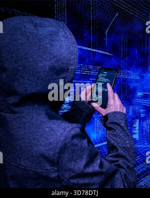 IT security specialist using smartphone in cyberspace Stock Photo