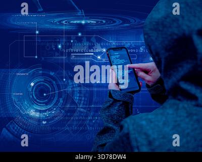 Mobile cybersecurity – developer analyzing code in virtual interface Stock Photo