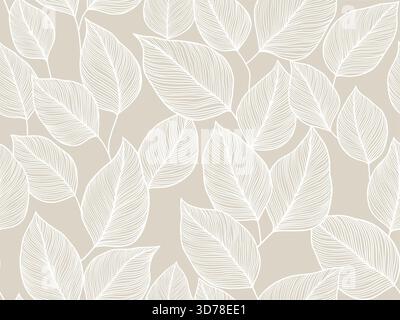Neutral Beige Leaf Pattern Background Featuring White Line Art for Home Decor and Design, vector illustration background Stock Vector