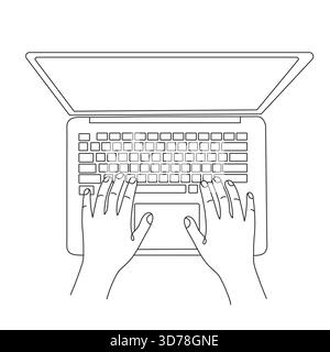 Hands typing on laptop. Continuous one line drawing. Work, study ...